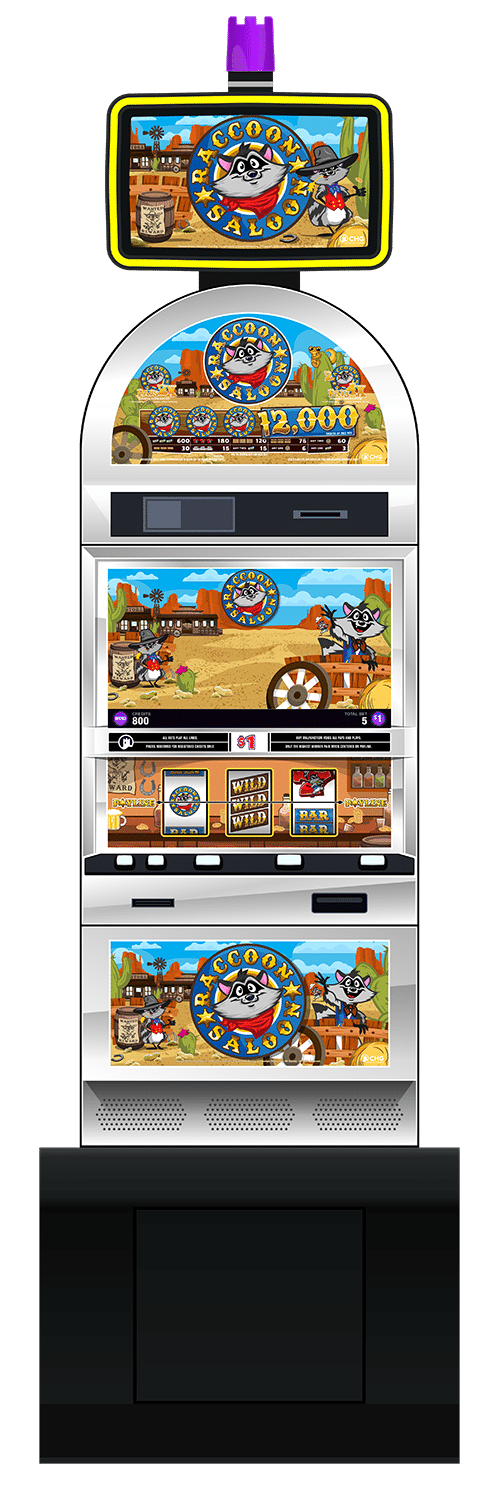Raccoon Saloon slot machine cabinet by Castle Hill Gaming